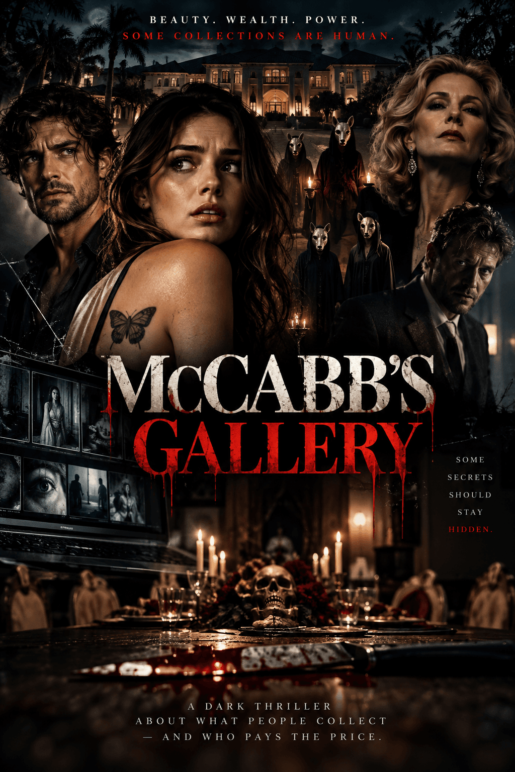 McCabb's Gallery official poster artwork showing a dark mansion, masked figures, and a gallery scene