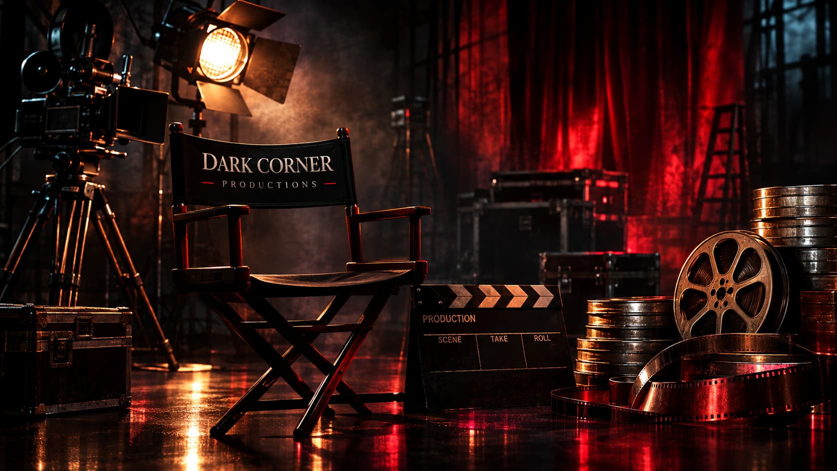 Cinematic production studio with a lit frame and drifting smoke